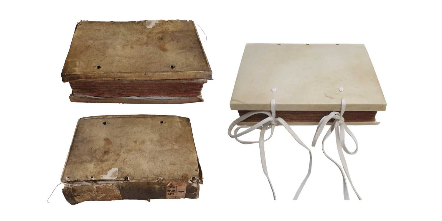 <p>Flexibler Pergamentband mit Stehkanten und Bindebändern. Pergamentband nur gesteckt, klebstofffrei, zum schonenden Umgang mit dem Archivgut. Restaurierung für die Commerzbibliothek Hamburg, 2021</p>