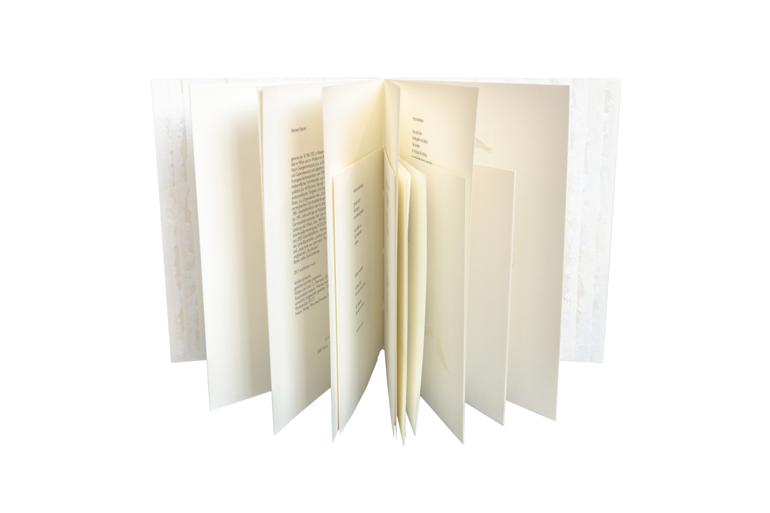<p>Experimenteller Einband, Sichtbare Heftung auf drei Pergamentbünde, angehängte Deckel aus handgeschöpftem Karton mit eingelegten Büttenpapierstreifen, farbig überspachtelt. Format: 17,1 x 22 cm, 2019, Privatbesitz</p>
