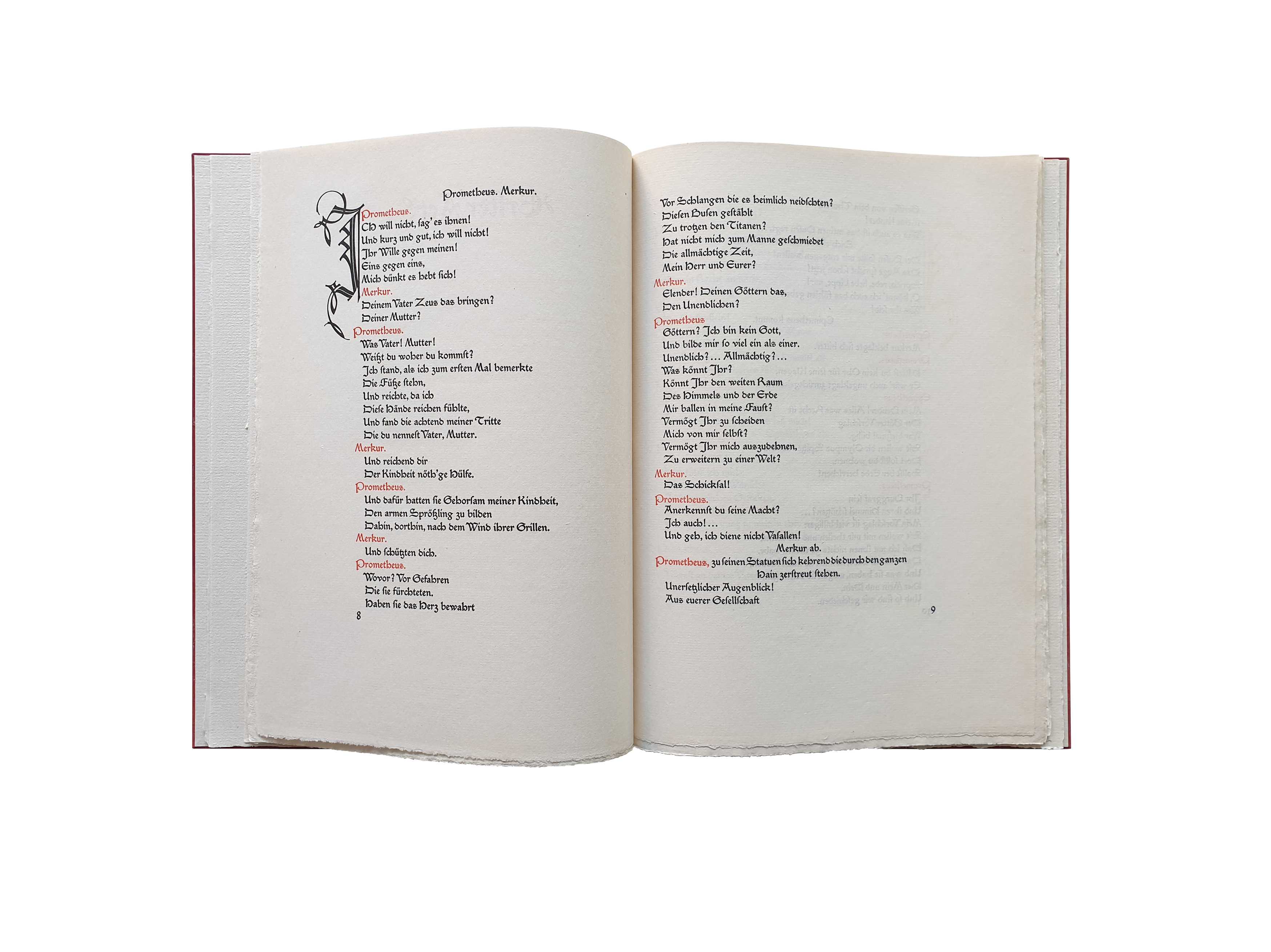 J. W. Goethe: Prometheus <p>Edelpappband, Lederrücken und Lederschienen an Kopf und Fuß, handgefertigte Bezugspapiere, perlmuttfarbene Titelprägung. Format: 20,7 cm x 28,5 cm, 2026, Privatbesitz</p>