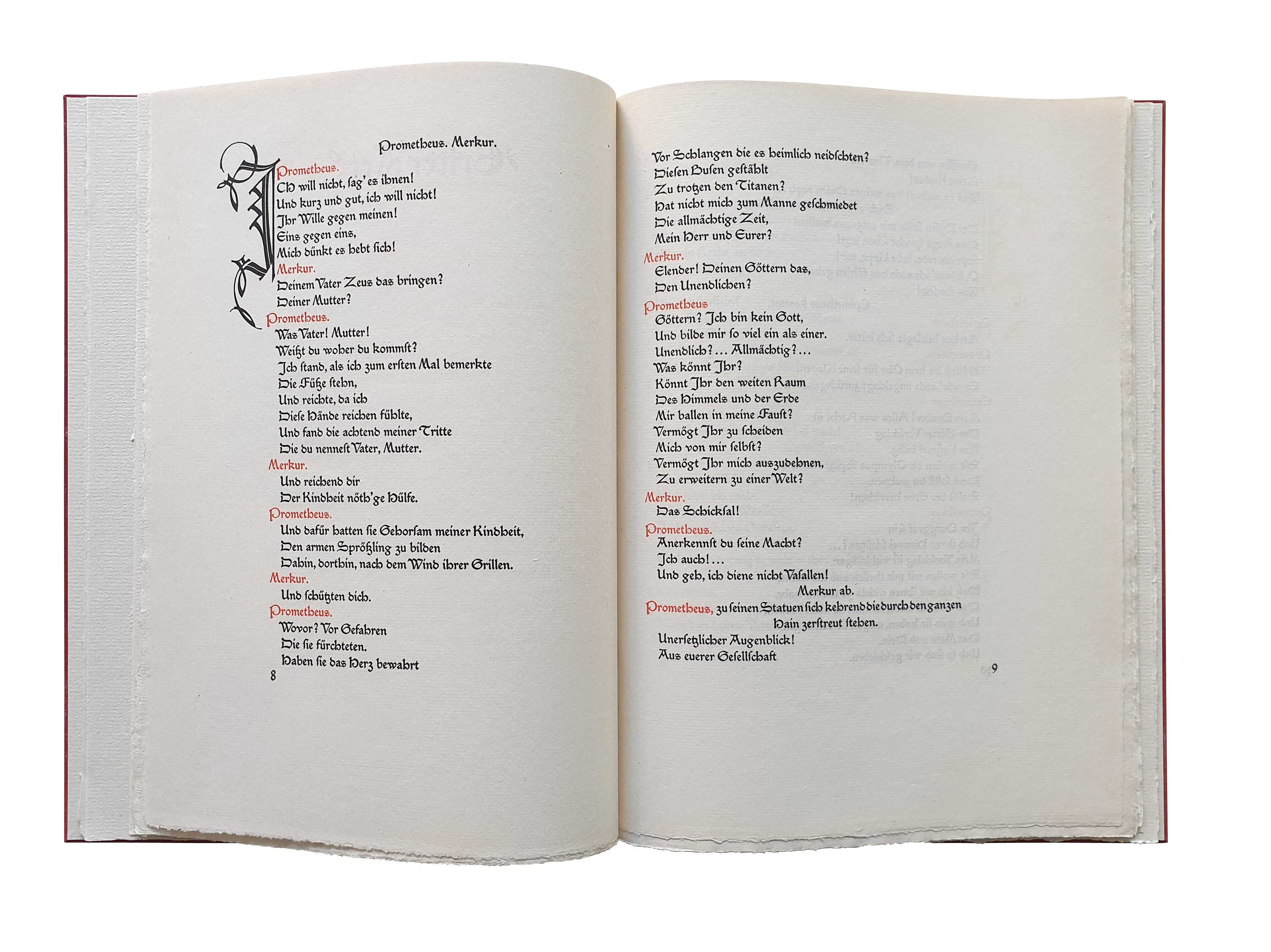 J. W. Goethe: Prometheus <p>Edelpappband, Lederrücken und Lederschienen an Kopf und Fuß, handgefertigte Bezugspapiere, perlmuttfarbene Titelprägung. Format: 20,7 cm x 28,5 cm, 2026, Privatbesitz</p>