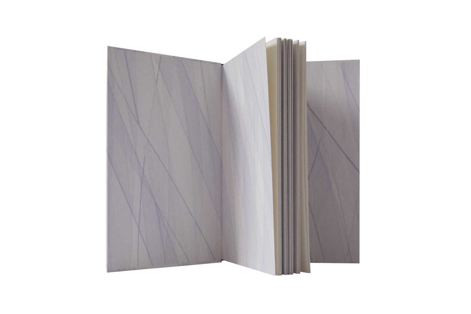 <p>Edelpappband, Bezugspapier und Vorsätze gespachtelt und in einem Stück verarbeitet, 3-seitiger Naturschnitt, blaugraues Lederkapital, silberne Prägung, grauer Kartonschuber. Format: 12 cm x 18,5 cm; 2013</p>