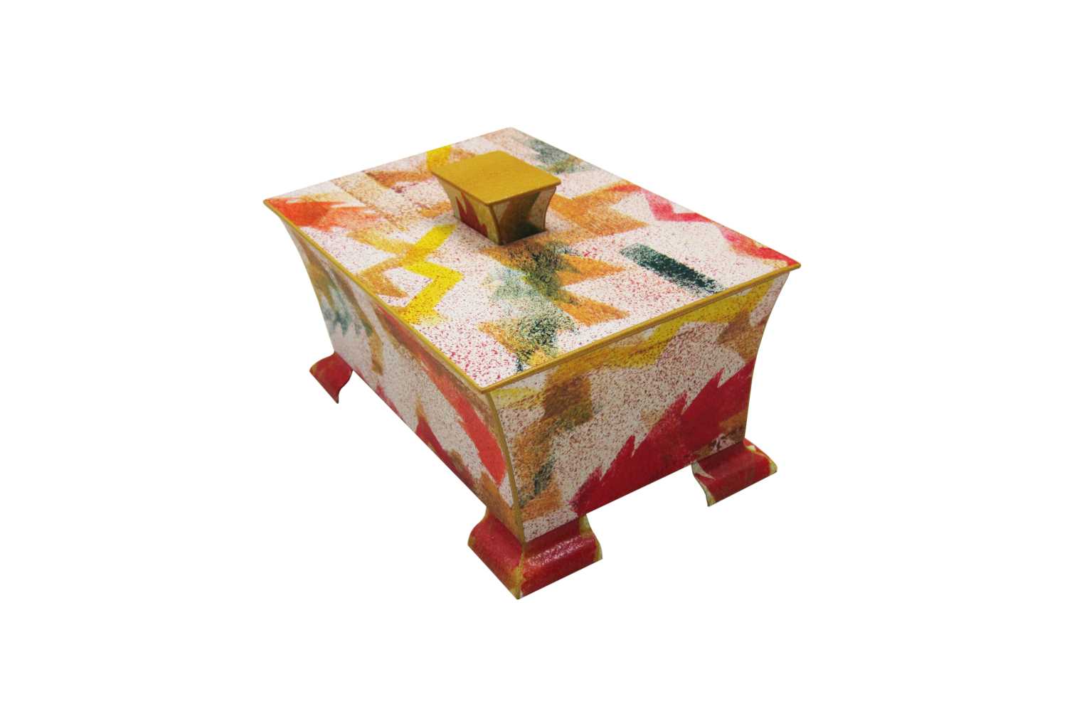 <p>Bau des Körpers aus Pappe, Kanteneinfassung mit gelbem Oasen-Ziegenleder, äußerer Bezug aus handgefertigtem Buntpapier (GISELA RESCHKE, Hamburg), Auftragsarbeit 2016</p>