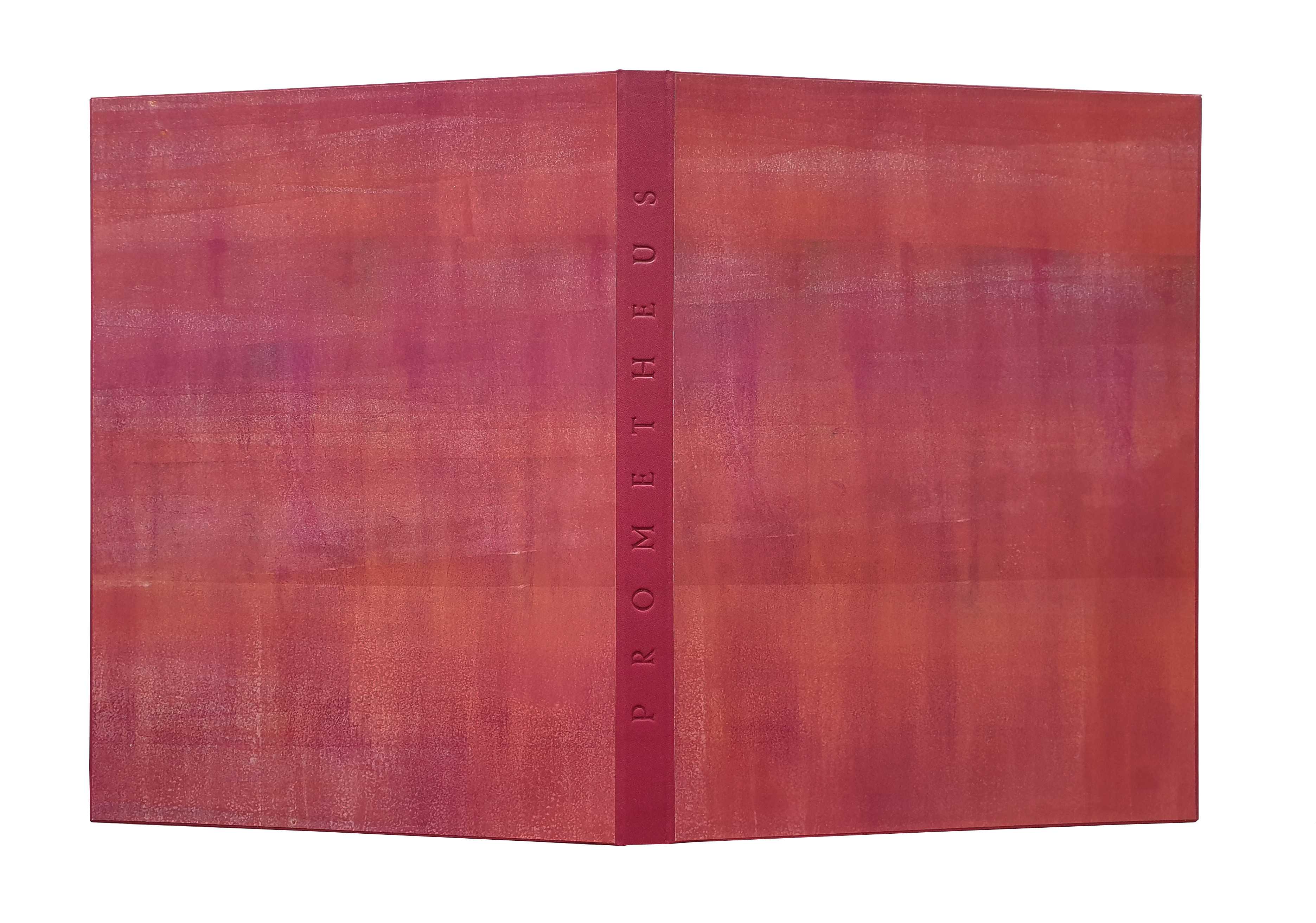 J. W. Goethe: Prometheus <p>Edelpappband, Lederrücken und Lederschienen an Kopf und Fuß, handgefertigte Bezugspapiere, perlmuttfarbene Titelprägung. Format: 20,7 cm x 28,5 cm, 2026, Privatbesitz</p>