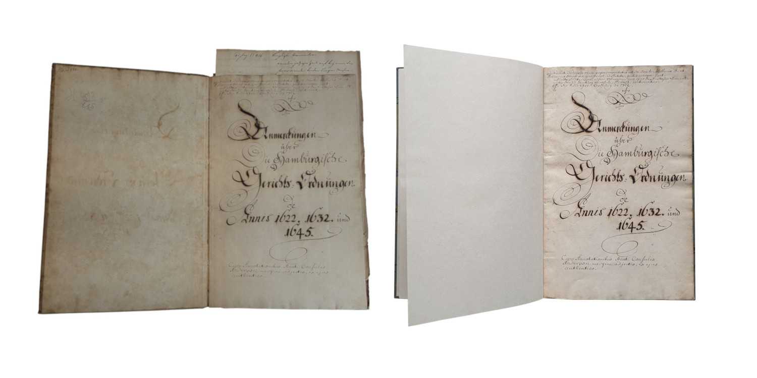 <p>Pappband, selbst gefertigtes Buntpapier, Lederkapital. Einband im Stil der Zeit für die Commerzbibliothek Hamburg, 2021</p>