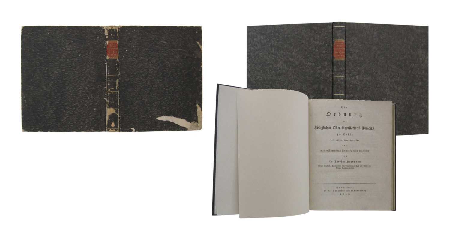 <p>Pappband, Bezug mit Kleisterpapier (nach historischem Vorbild gefertigt), Goldlinien auf dem Rücken, Verwendung des alten Titelschildes. Auftragsarbeit aus dem Jahr 2016</p>